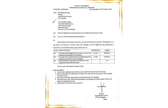 Work Order for Digitization and Database Upload – Land Records & Surveys, BTC, Kokrajhar